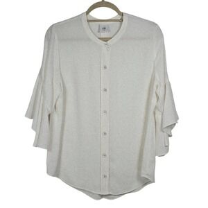 Cabi Blouse Woman Medium Cream Ruffle Bell Sleeve Button Front Top Lightweight